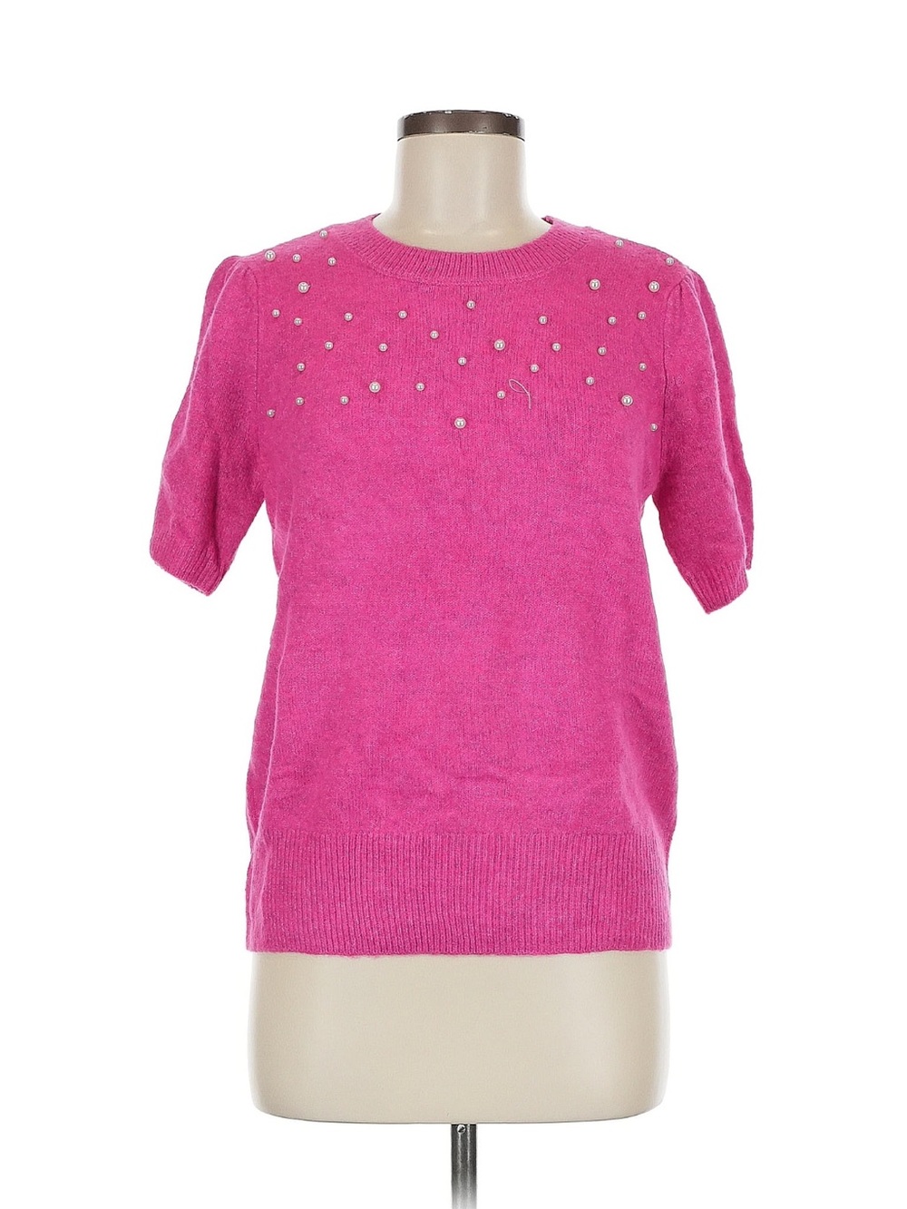 CeCe Pink Pearl-Embellished Short Sleeve Sweater